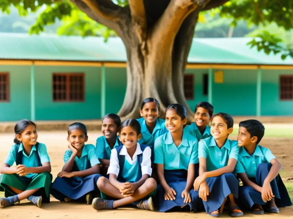 Maestra y niños de Sri Lanka postguerra, en animada discusión bajo un árbol