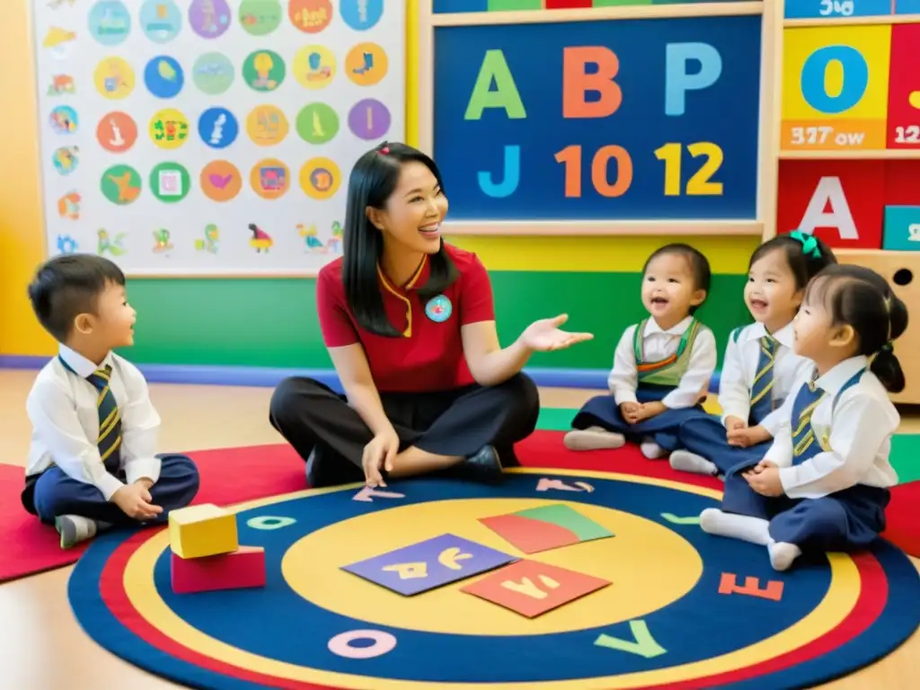 Maestra y niños en aula de educación temprana en Asia, discuten colores y formas con entusiasmo