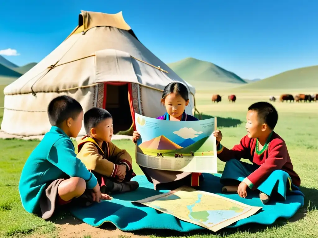 Maestra enseñando a niños nómadas en Mongolia, desafío de la educación nómada Mongolia