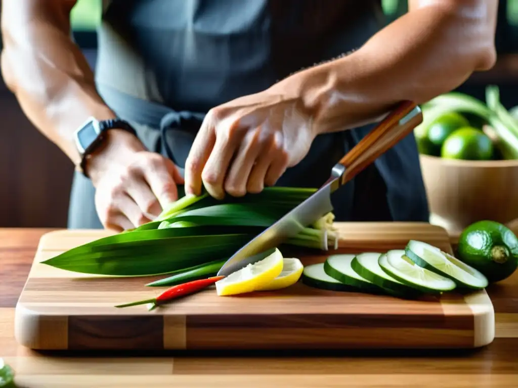 David Thompson muestra su maestría en la filosofía culinaria asiática al cortar con precisión ingredientes frescos en una tabla de madera pulida