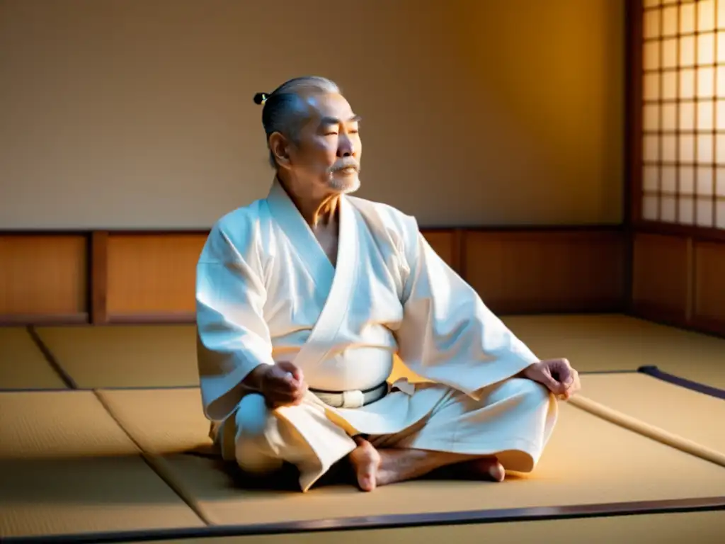 Maestro de Aikido en gi blanco ejecuta movimientos fluidos en un dojo sereno, reflejando la filosofía de Aikido como cultura de no violencia