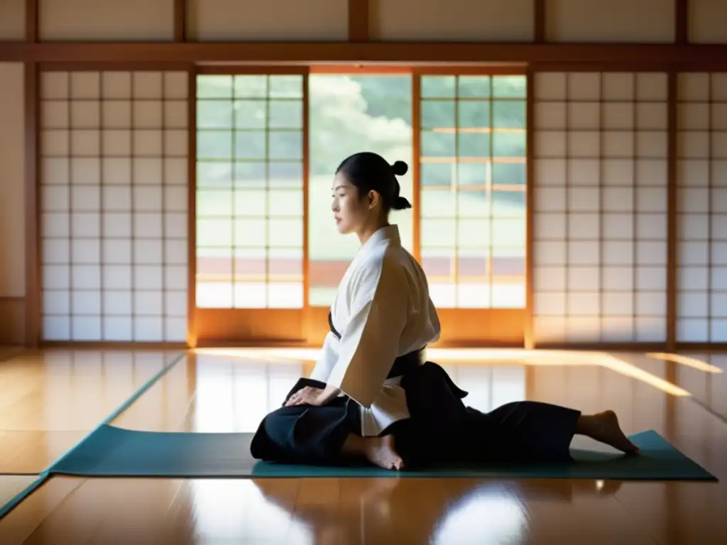 Maestro de Aikido en un dojo sereno, rodeado de estudiantes en meditación, reflejando la filosofía de paz y no violencia de Aikido