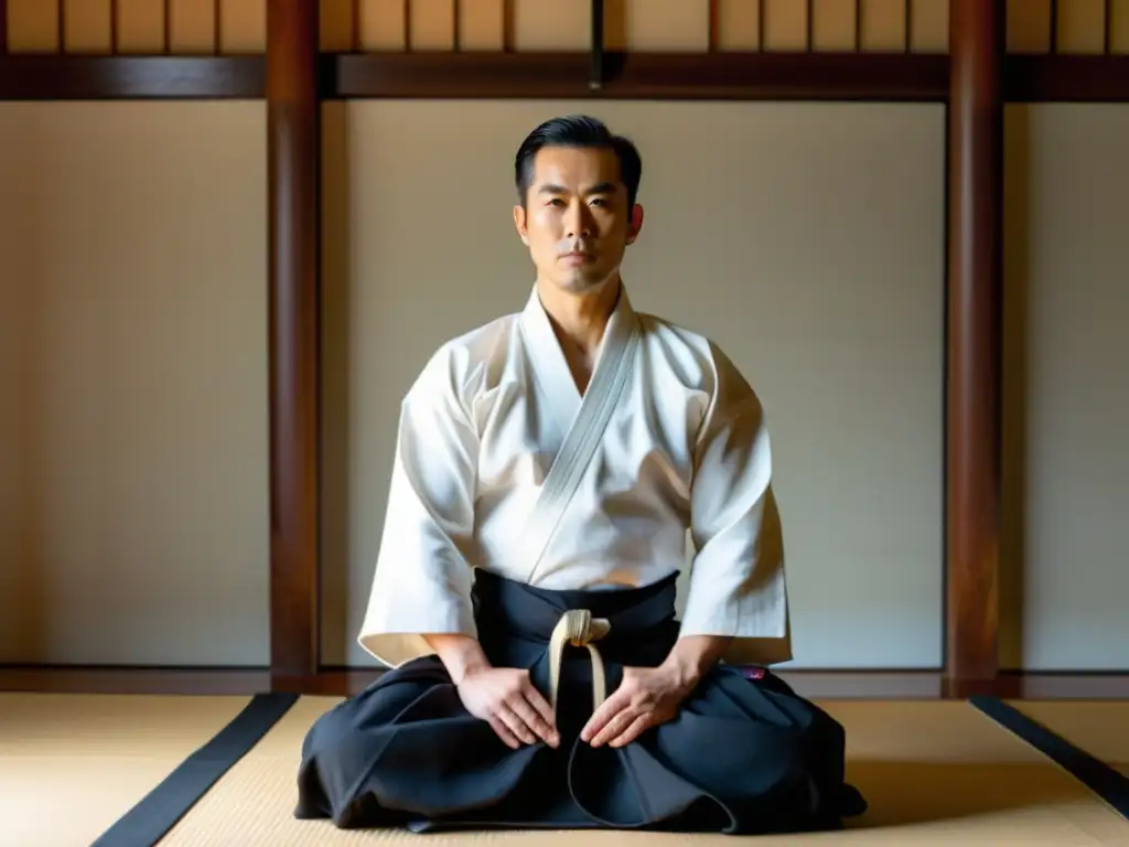 Un maestro de Aikido en un dojo tradicional, vistiendo gi blanco y hakama negro, con expresión de concentración y paz interior