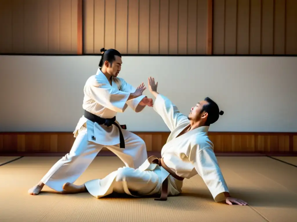 Maestro de Aikido ejecutando iriminage con fluidez en gi blanco, reflejando la filosofía de no violencia y cultura del Aikido