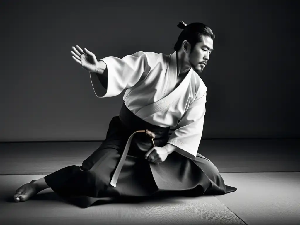 Maestro de Aikido en un movimiento fluido y preciso, reflejando la serenidad y la filosofía de no violencia de la cultura Aikido