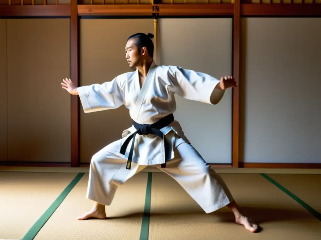 Maestro de aikido demostrando técnica fluida en un dojo sereno, transmitiendo disciplina y armonía en la filosofía de las artes marciales