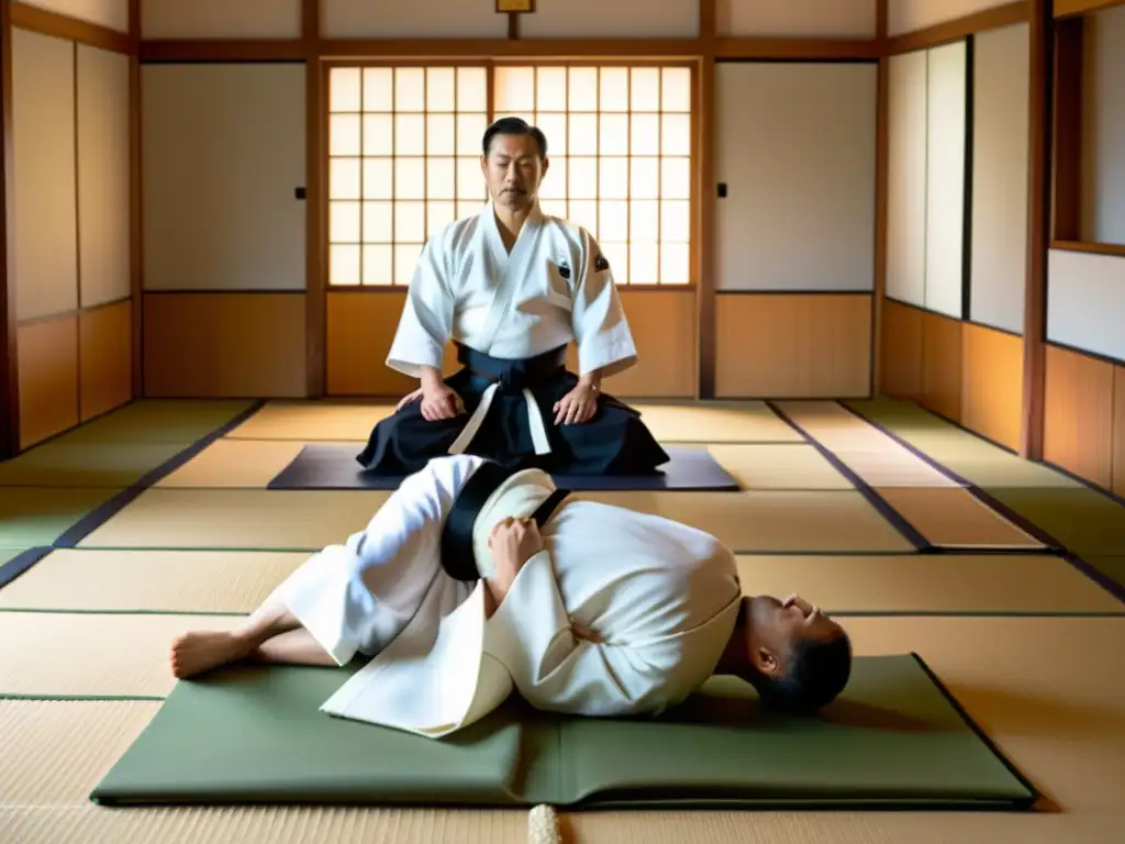 Maestro de Aikido ejecuta técnica con gracia, rodeado de estudiantes en un dojo sereno