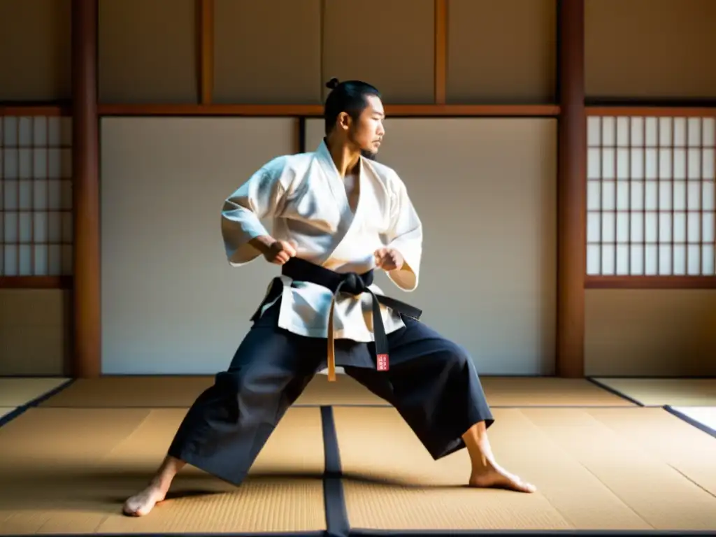 Maestro de Aikido demuestra técnica con gracia, rodeado de estudiantes en un dojo sereno