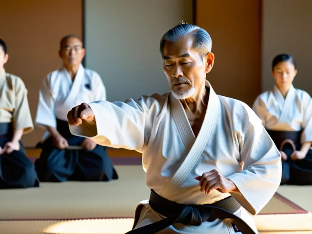 Maestro de Aikido demostrando técnica con gracia y precisión en un dojo sereno, irradiando sabiduría, paz y la filosofía de paz del Aikido