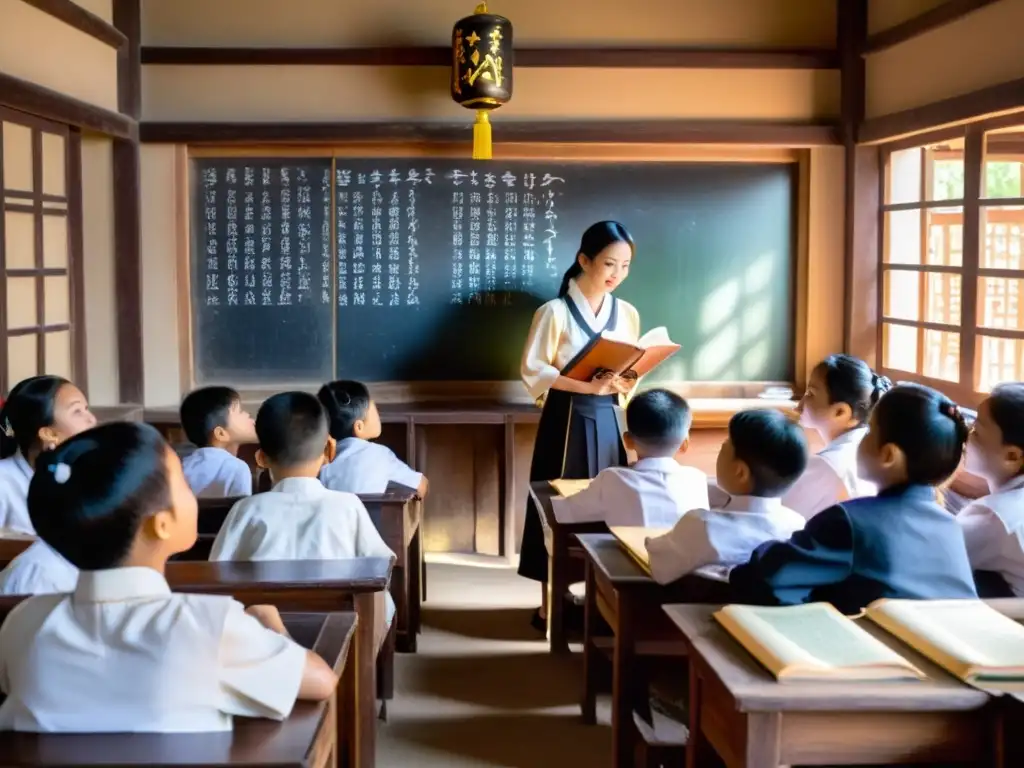 Maestro y alumnos en aula tradicional asiática, compartiendo historias con reverencia