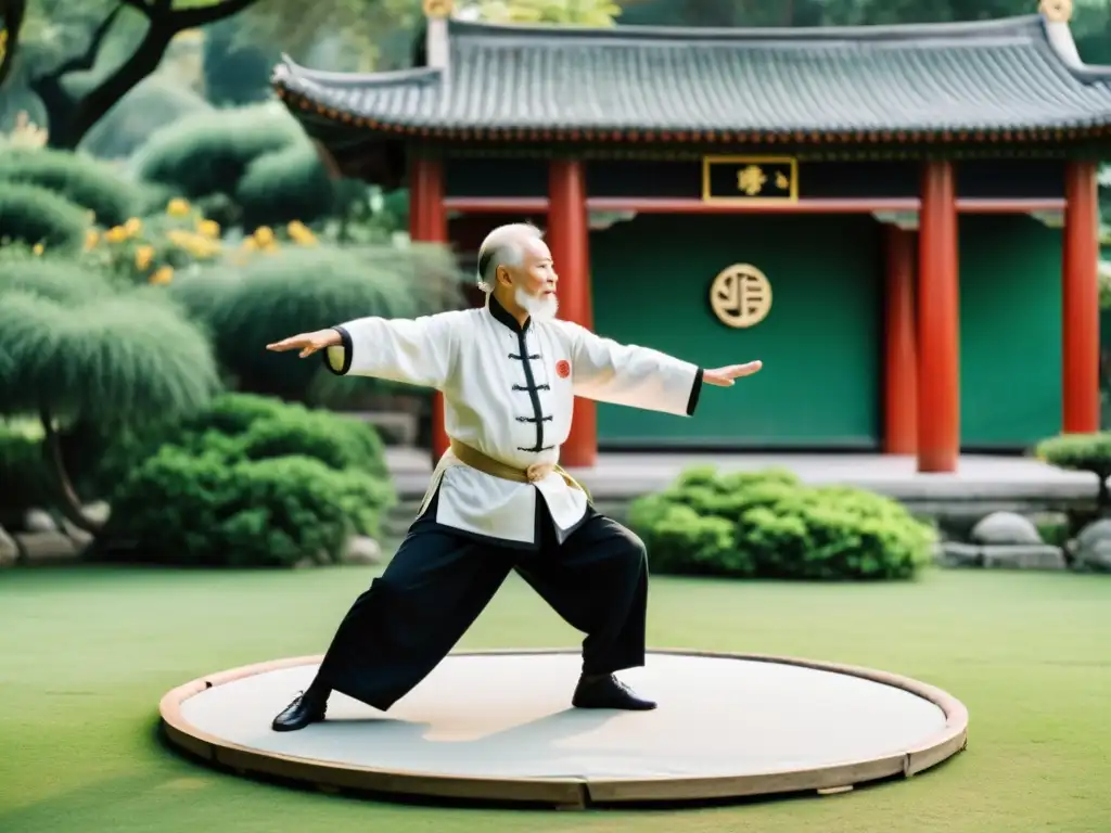 Maestro de Baguazhang ancestral demuestra defensa personal en jardín sereno