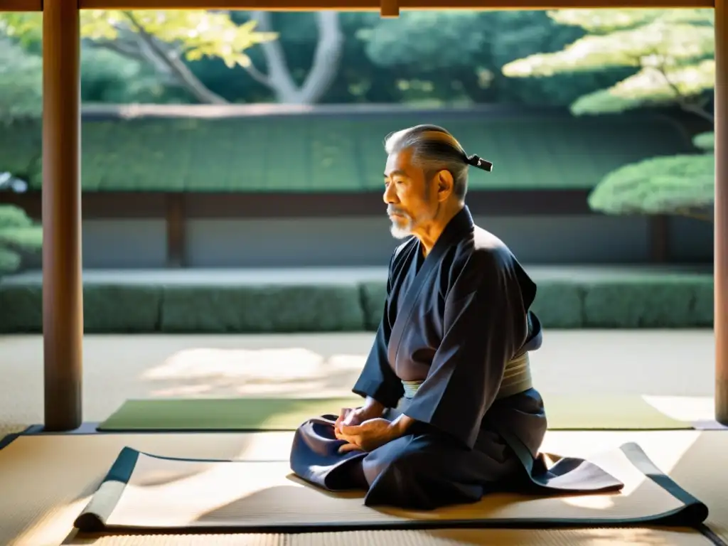 Un maestro anciano de Aikido en posición seiza sobre un tatami, inmerso en meditación