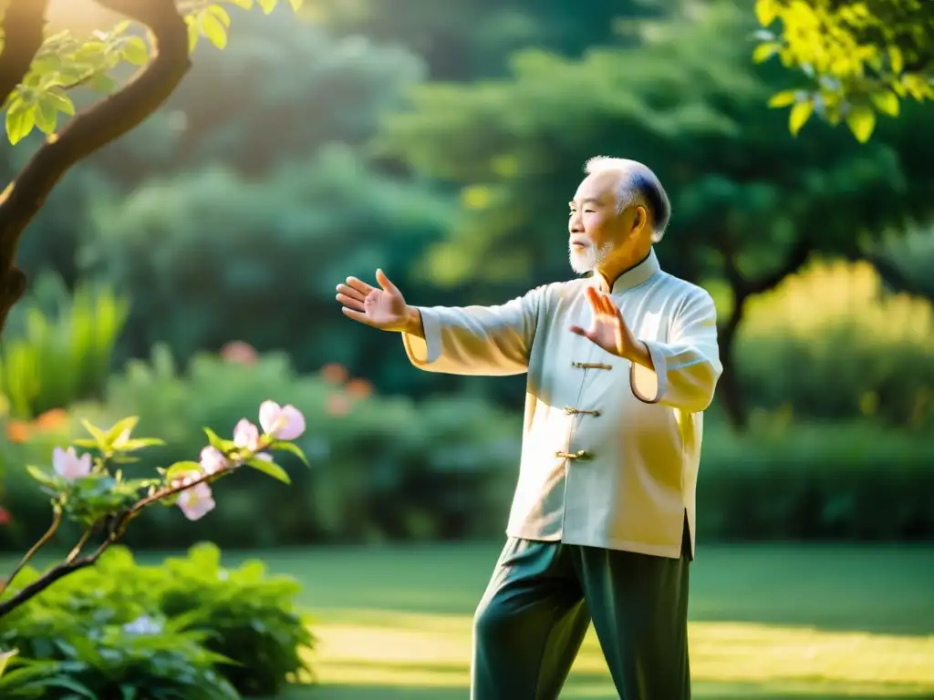 Un maestro de Tai Chi anciano fluye en armonía con la naturaleza en un jardín sereno, transmitiendo paz y calma