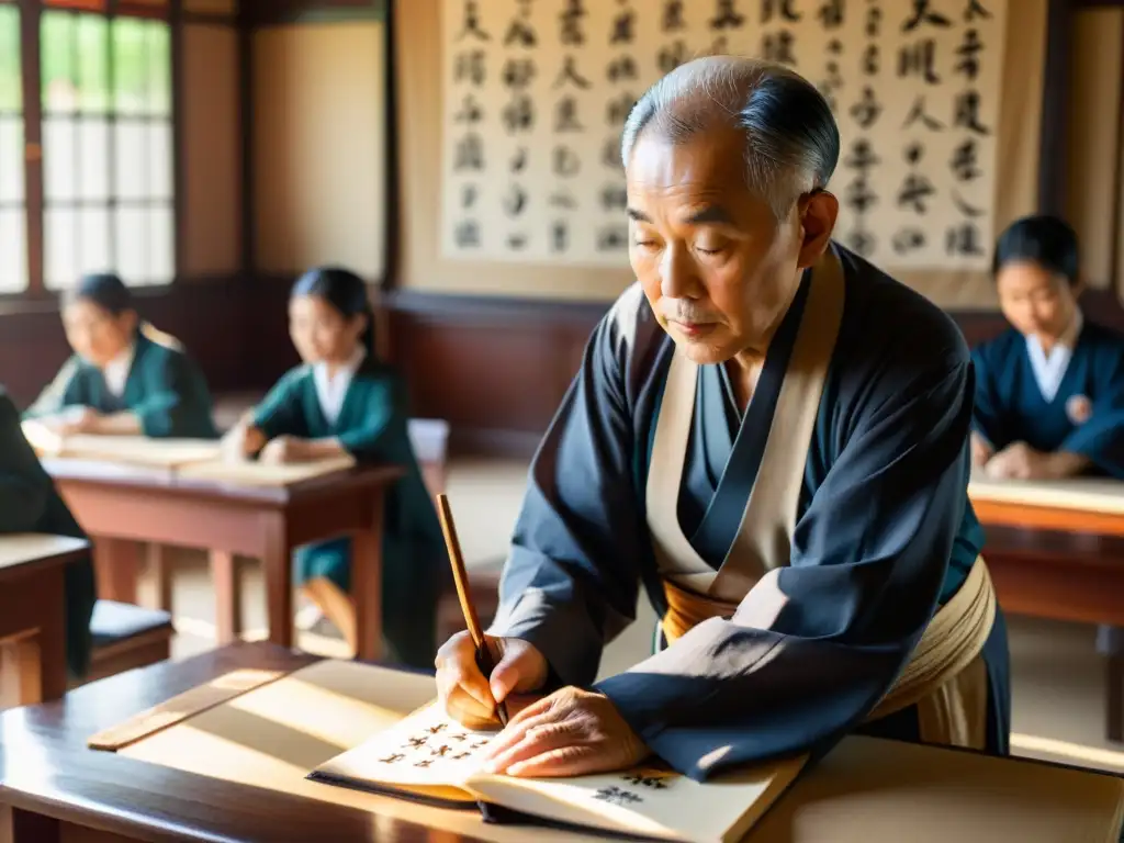 Un maestro anciano enseña caligrafía tradicional a estudiantes atentos en un aula decorada con arte asiático