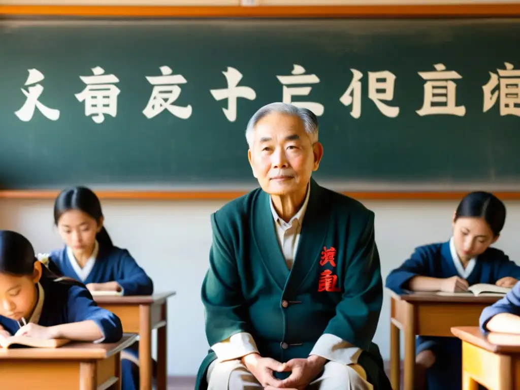 Maestro anciano enseña el Tao Te Ching a estudiantes en aula iluminada, creando atmósfera de sabiduría y aprendizaje cultural