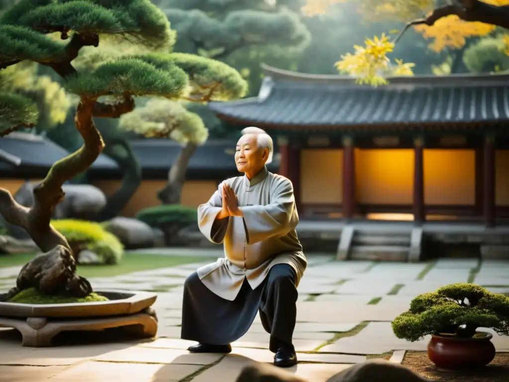 Un maestro anciano de Tai Chi fluye graciosamente en un jardín sereno, rodeado de bonsáis y arquitectura china