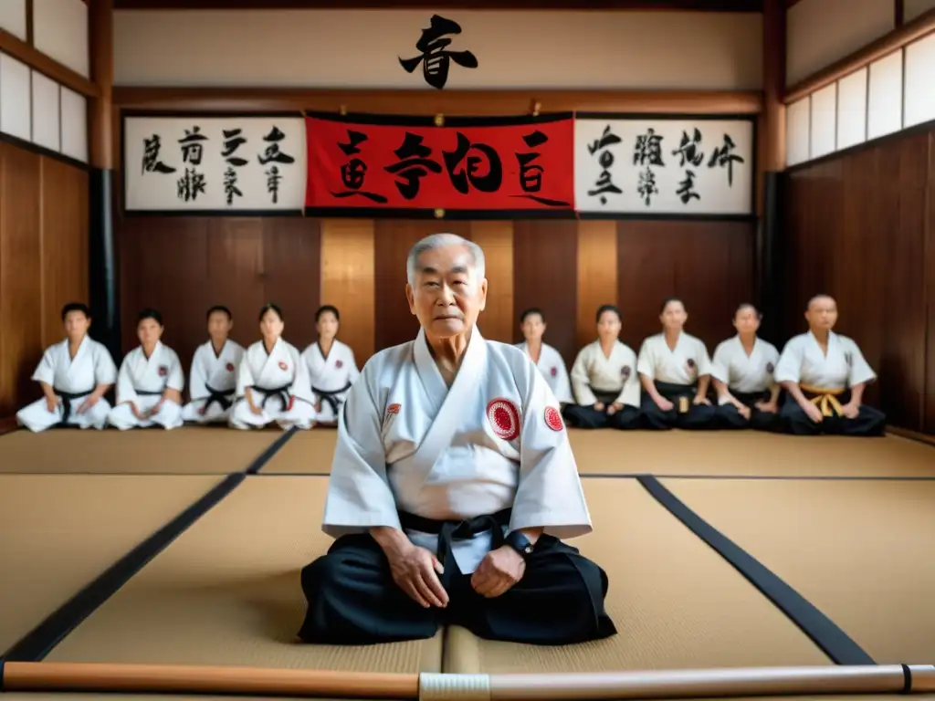 Maestro de karate anciano imparte lecciones de vida en un dojo tradicional, inspirando disciplina y fuerza interior en estudiantes de todas las edades