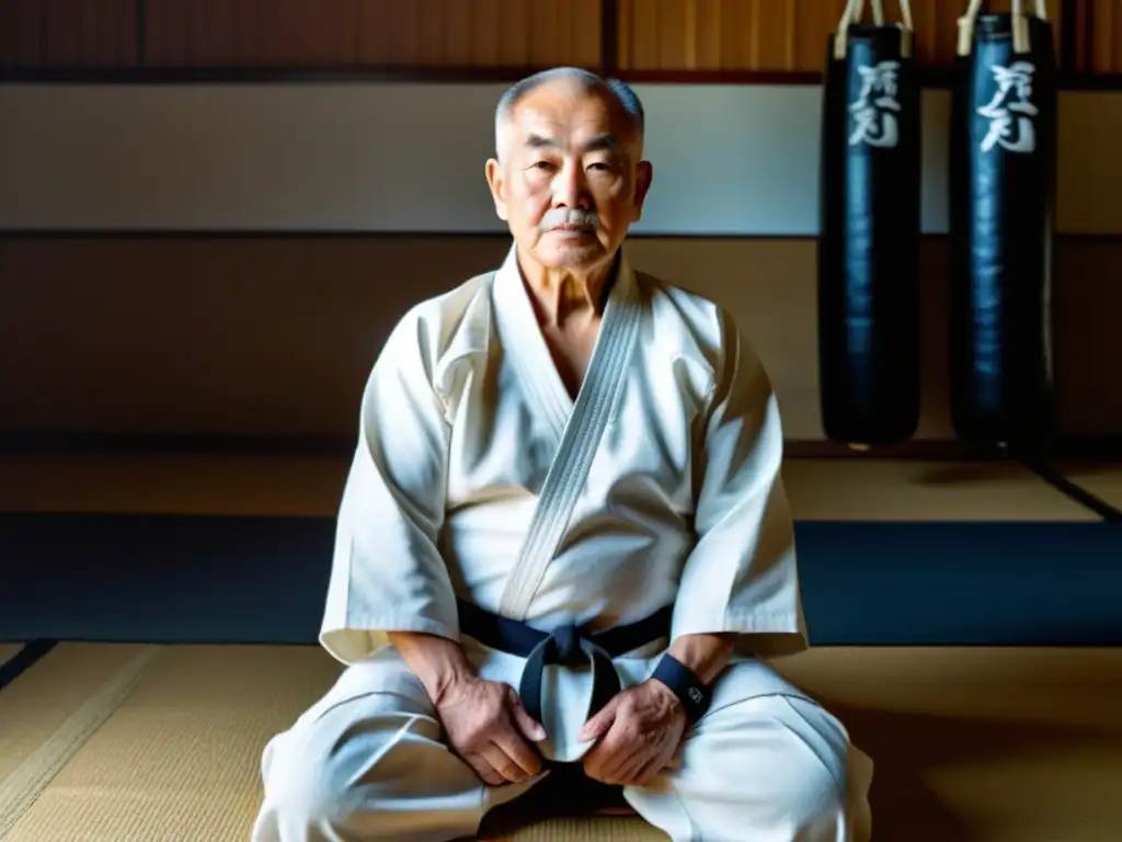 Un maestro anciano de karate transmite lecciones de vida en un dojo sereno