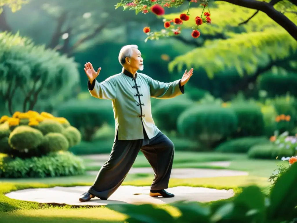 Un maestro anciano de Tai Chi practica en un jardín sereno