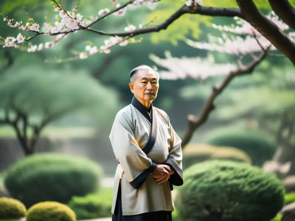 Un maestro anciano de Xing Yi Quan, vistiendo atuendo tradicional chino, en un jardín sereno con árboles de cerezo en flor