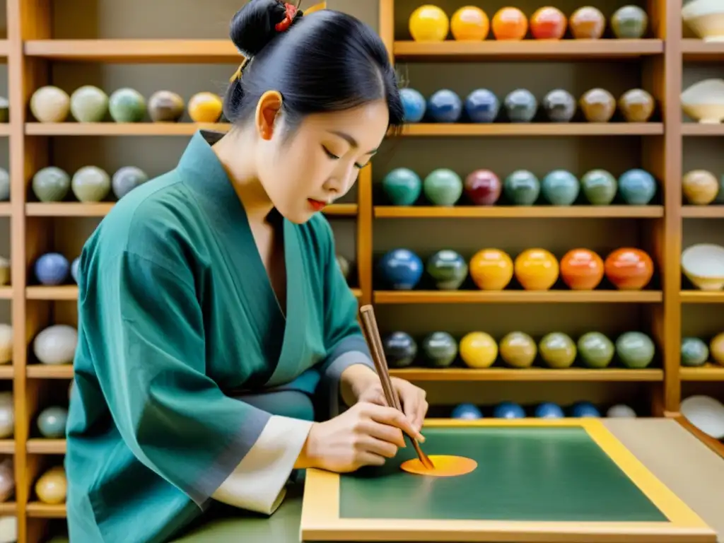 Un maestro del arte Nihonga aplica pigmentos minerales con pinceladas delicadas sobre papel washi japonés