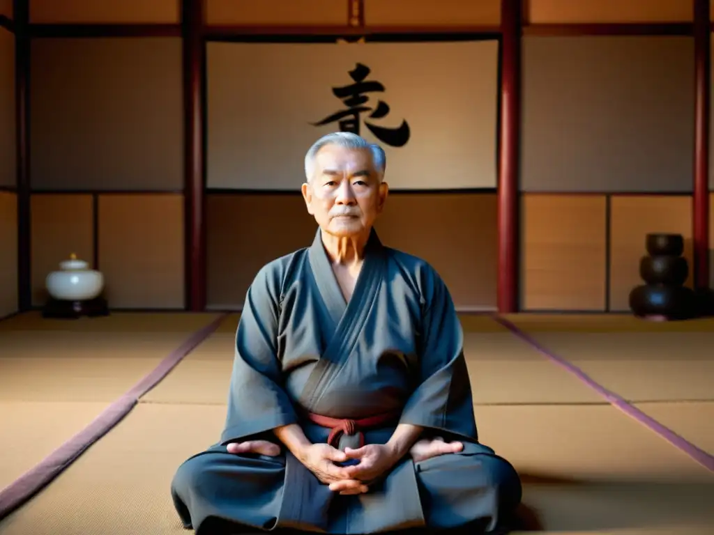 Un maestro de artes marciales anciano, sereno, en un dojo tradicional, practicando técnicas de respiración