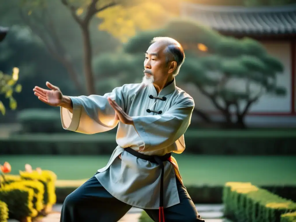 'Un maestro de artes marciales anciano realiza movimientos de Tai Chi al amanecer en un jardín neblinoso, transmitiendo paz interior y fortaleza