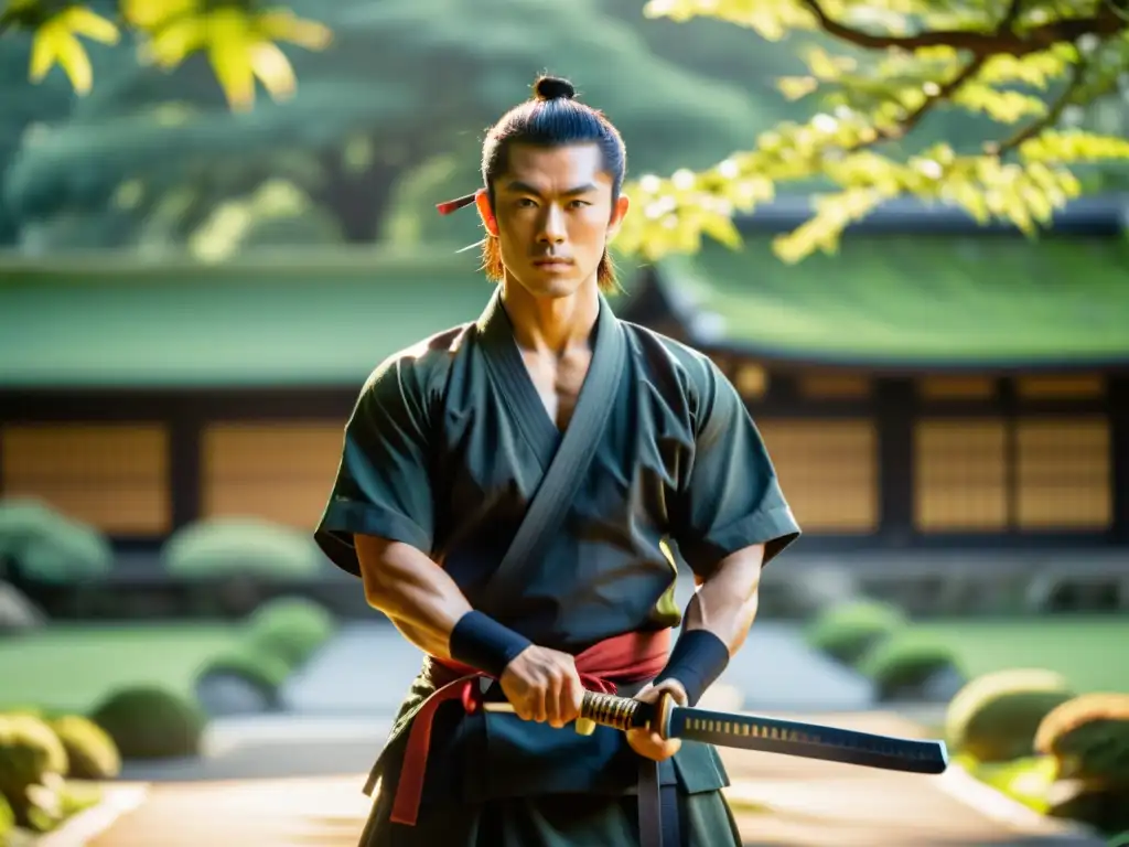 Un maestro de artes marciales, ataviado con vestimenta japonesa tradicional, sostiene un reluciente katana en un jardín sereno