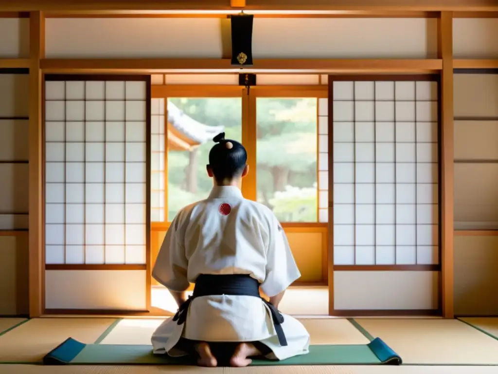 Maestro de artes marciales en gi blanco realiza golpe controlado en dojo tradicional, reflejando fusión Budo meditación cultura asiática