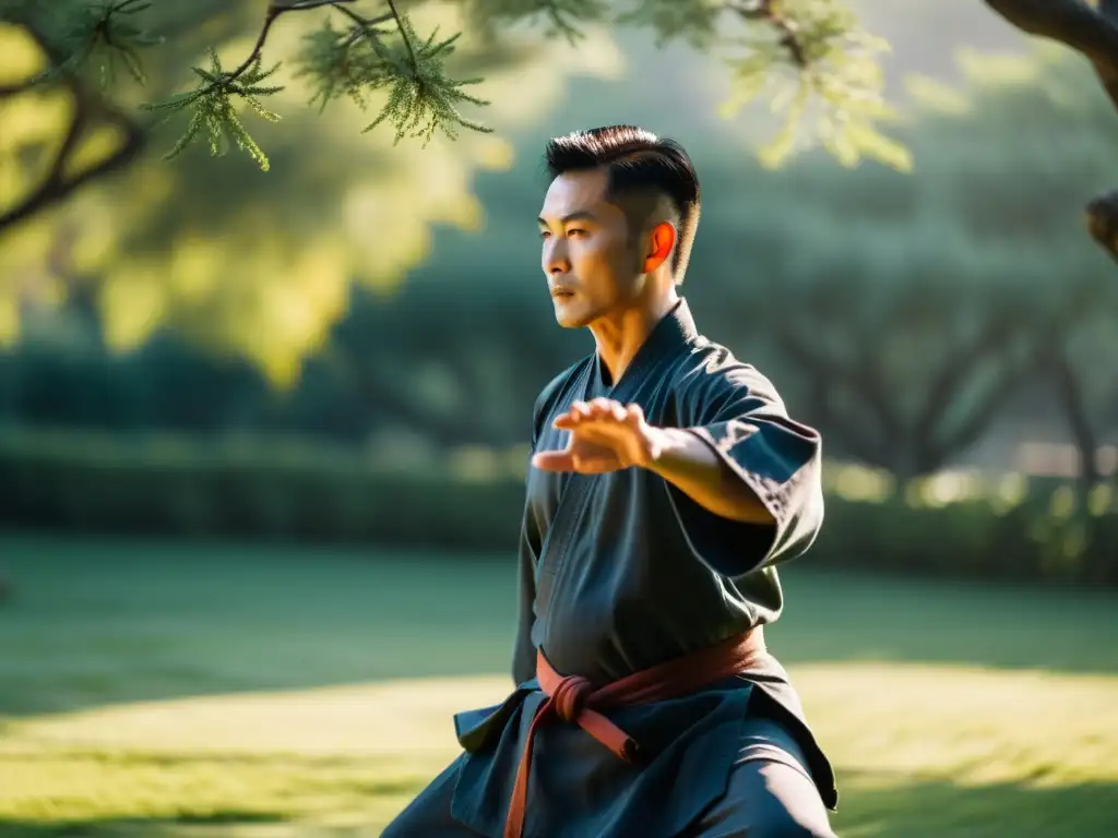 Un maestro de artes marciales practicando tai chi al amanecer en un jardín sereno y neblinoso