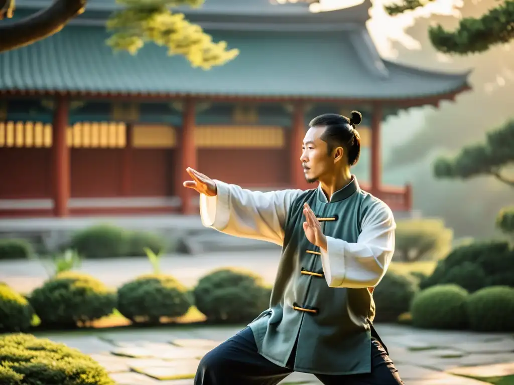 Un maestro de artes marciales practicando Tai Chi al amanecer en un jardín neblinoso, fusionando estrategias filosóficas y artes marciales