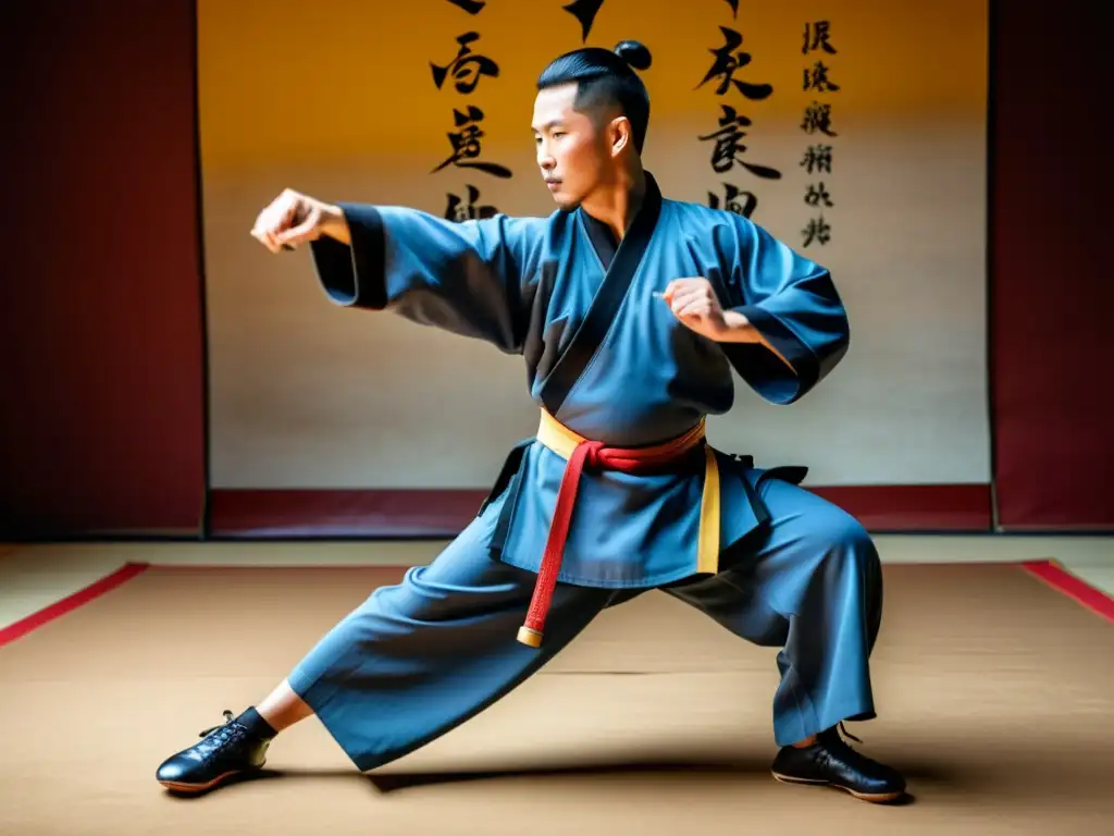 Un maestro de artes marciales chinas tradicionales muestra técnicas de Sanda en un entorno histórico, evocando el nacimiento del Sanda en China