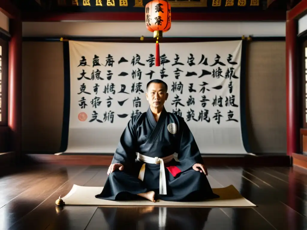 Un maestro de artes marciales chino en meditación, con un pergamino de los 36 Estratagemas Chinos