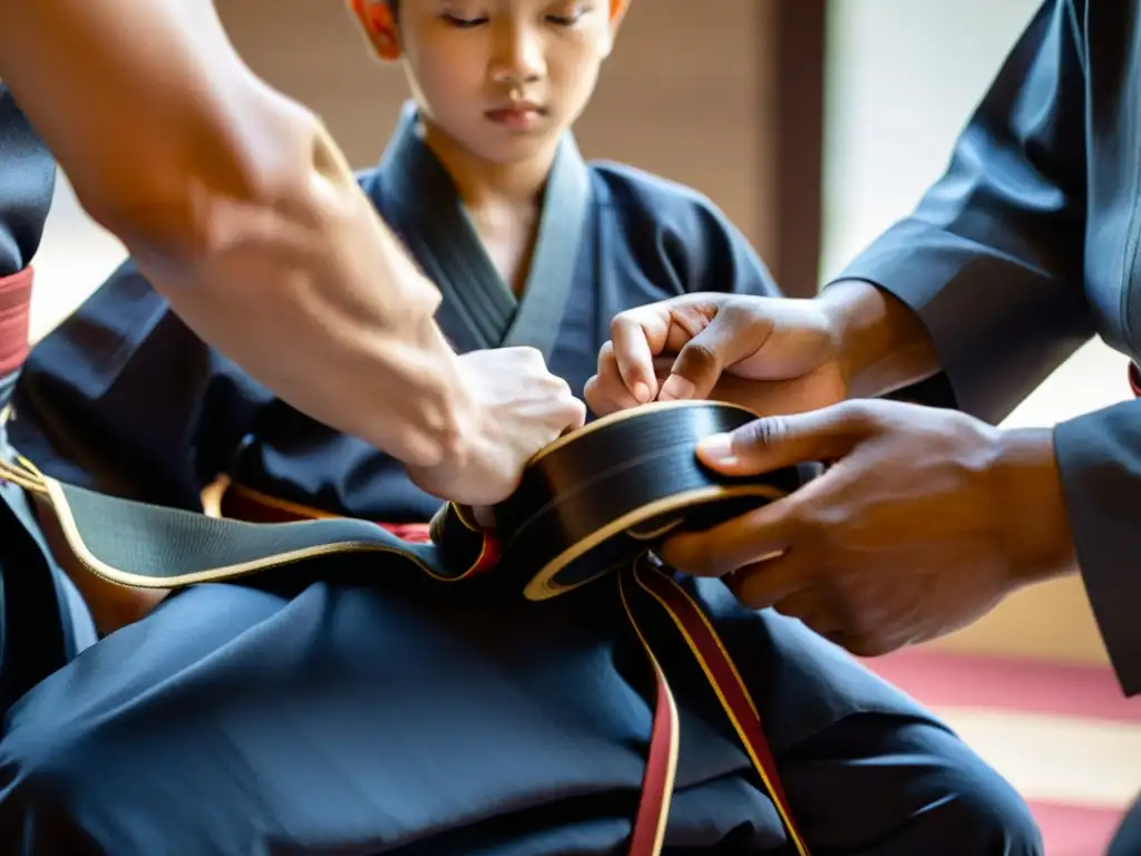 Un maestro de artes marciales ata el cinturón de un joven estudiante, simbolizando disciplina y valores de KarateDo