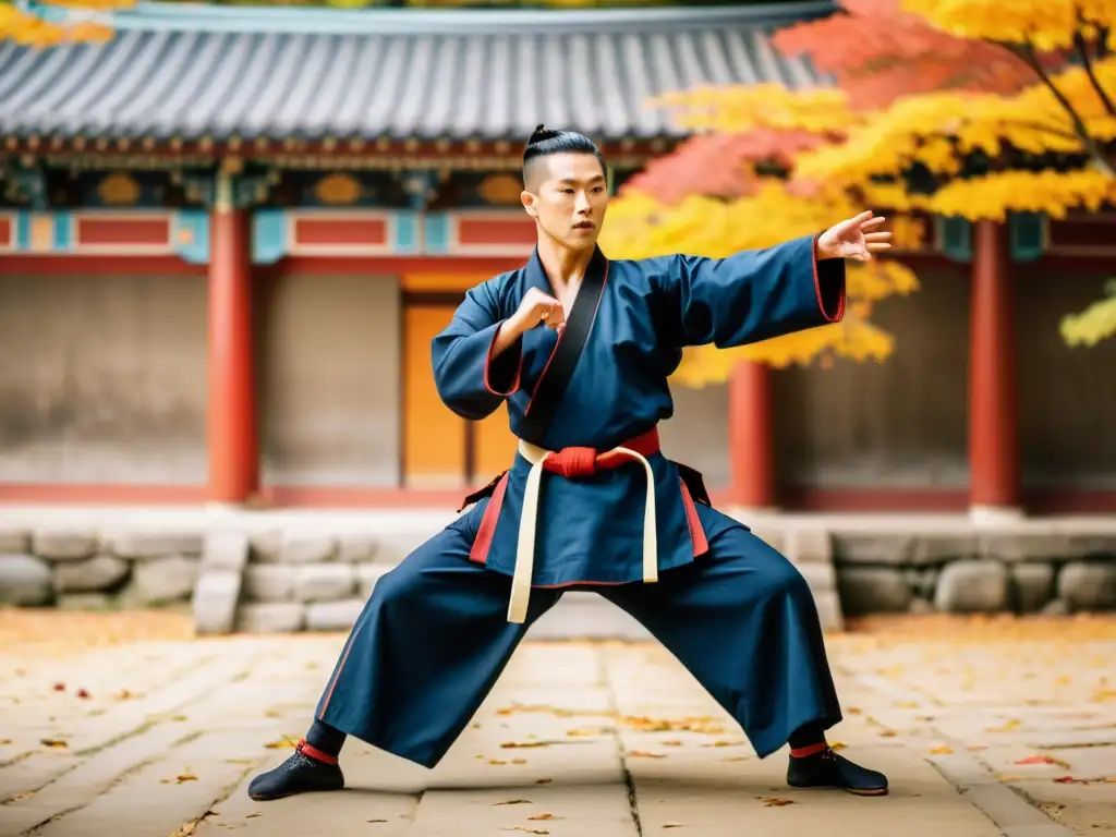 Un maestro de artes marciales coreanas demostrando una técnica precisa rodeado de la exuberante vegetación otoñal, capturando la influencia de los Tres Reinos en el Arte Marcial Coreano