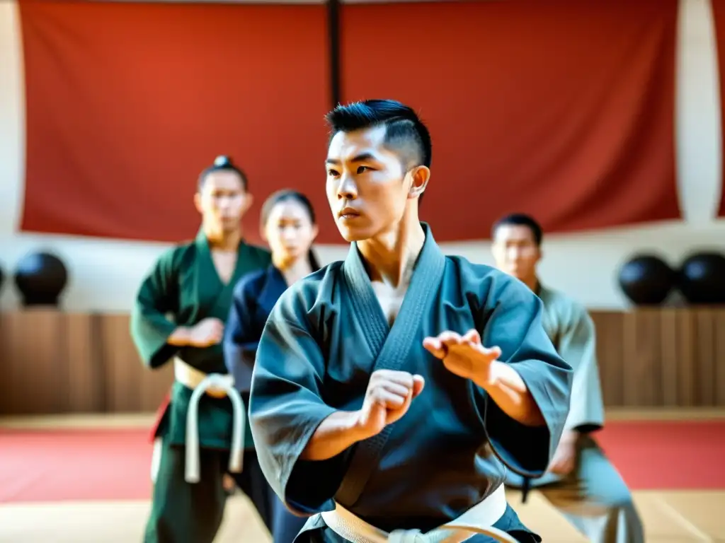 Maestro de artes marciales demostrando una estrategia en un dojo tradicional, con estudiantes atentos