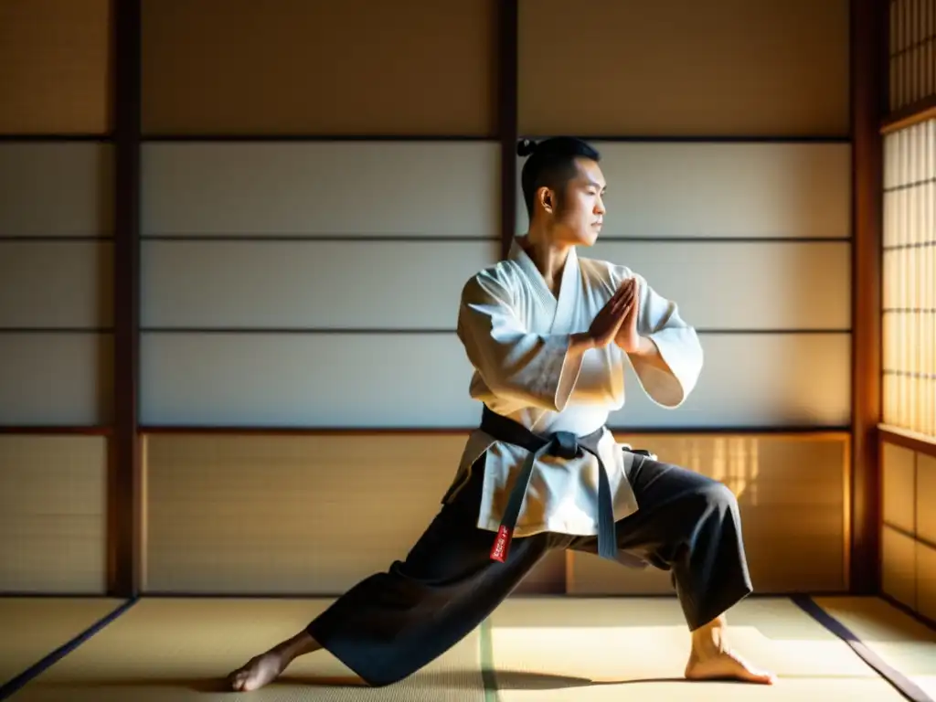 Un maestro de artes marciales realiza un movimiento preciso y fluido en un tranquilo dojo japonés, buscando la iluminación