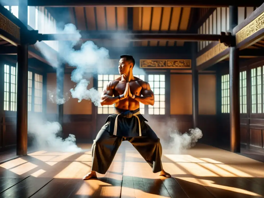 Un maestro de artes marciales realiza movimientos fluidos en un salón tradicional, envuelto en humo de incienso