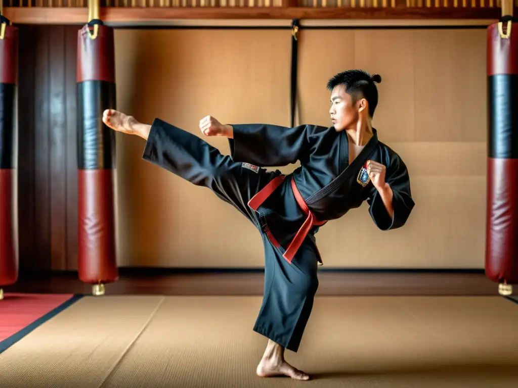 Un maestro de artes marciales ejecuta una patada precisa y poderosa en un dojo tradicional, mostrando concentración e intensidad