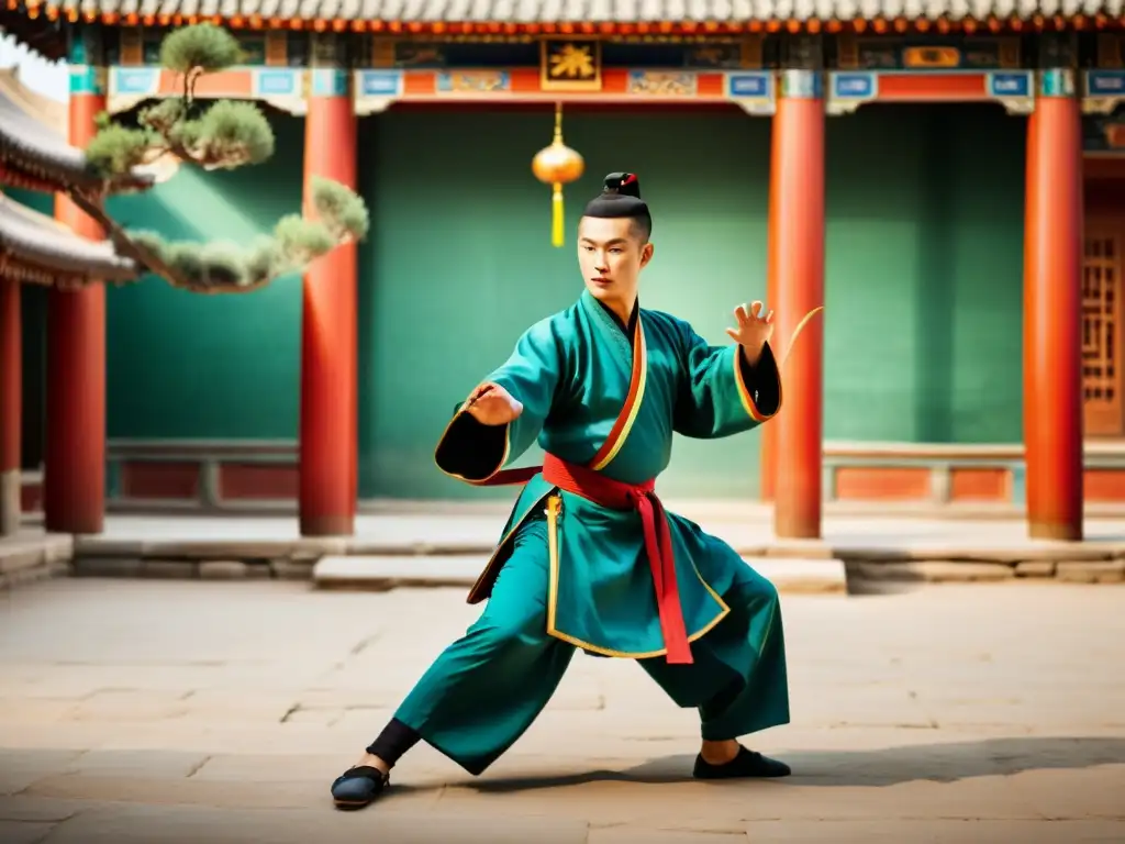 Un maestro de artes marciales en la Ruta de la Seda, vistiendo atuendo tradicional, realiza movimientos precisos en un patio histórico