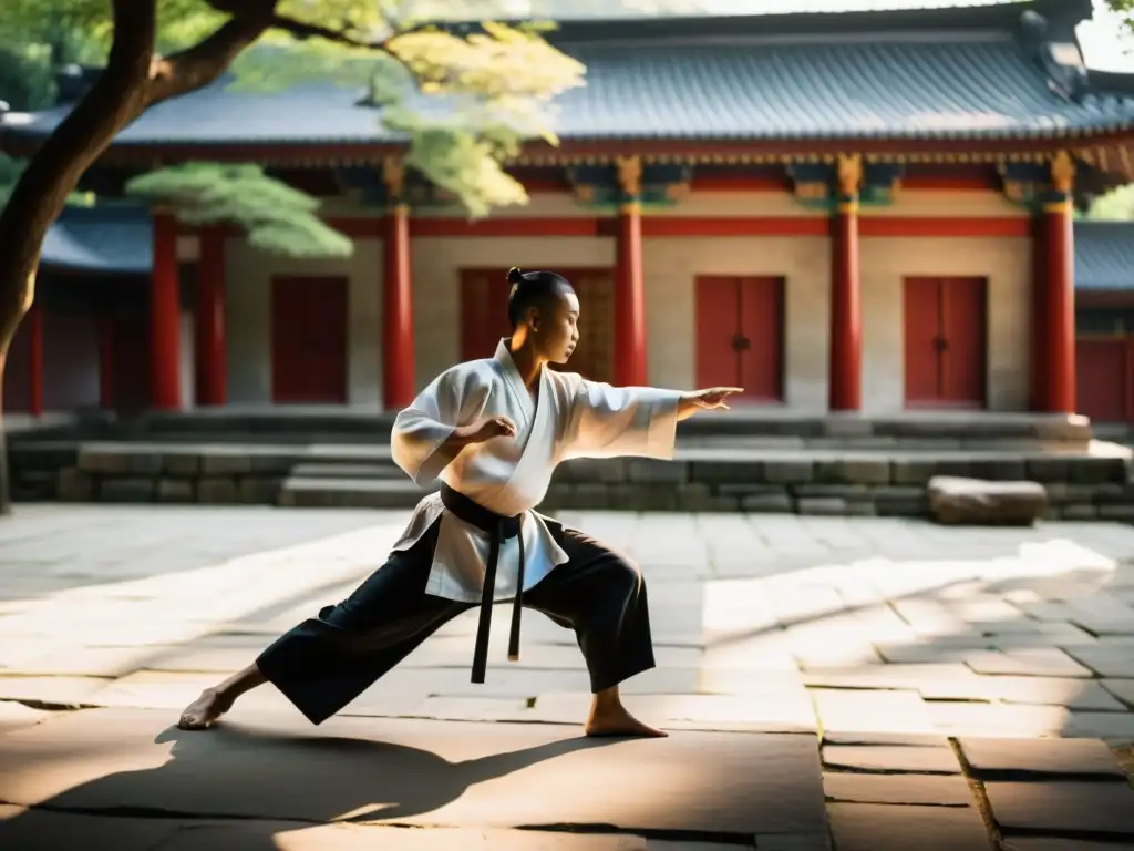 Un maestro de artes marciales practica en un templo asiático, con la luz del sol filtrándose entre los árboles