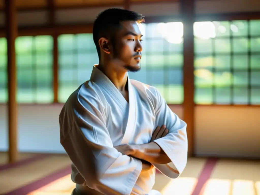 Un maestro de artes marciales zen en un dojo sereno, demostrando la armonía del Shorinji Kempo