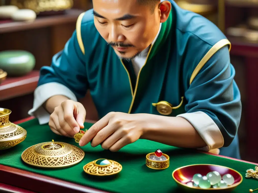 Un maestro artesano de alta joyería china crea una pieza única con técnicas tradicionales y herramientas delicadas, en un tributo a la artesanía china