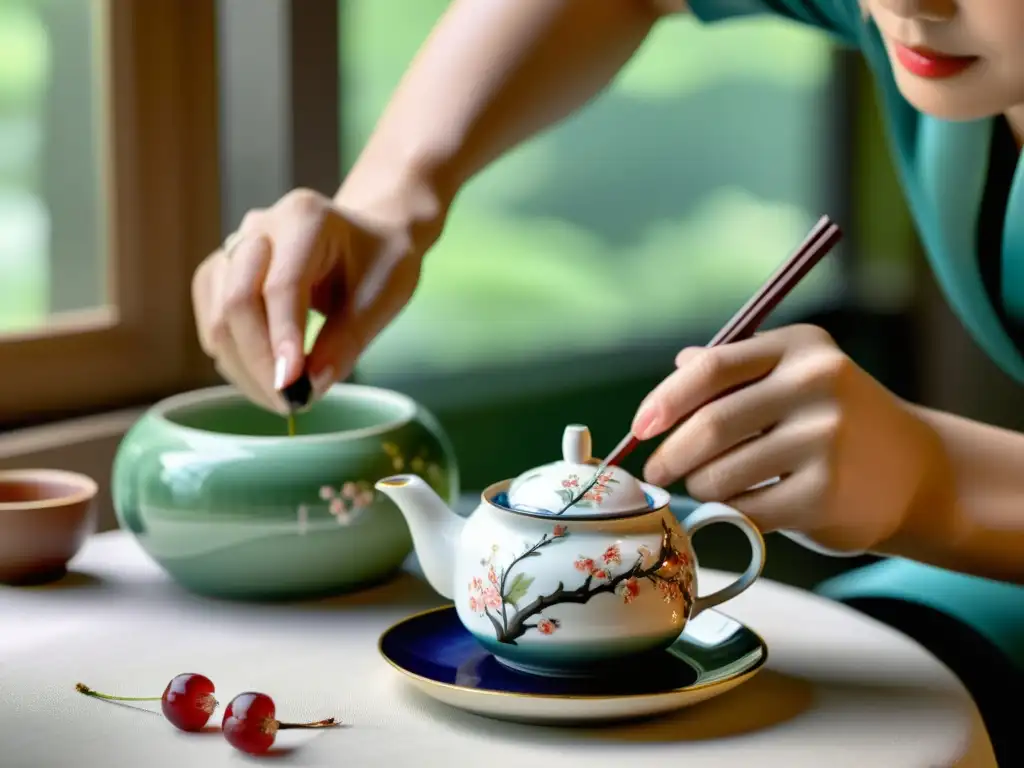 Un maestro artesano pinta delicadas flores de cerezo en una tetera de porcelana, mostrando destreza y dedicación