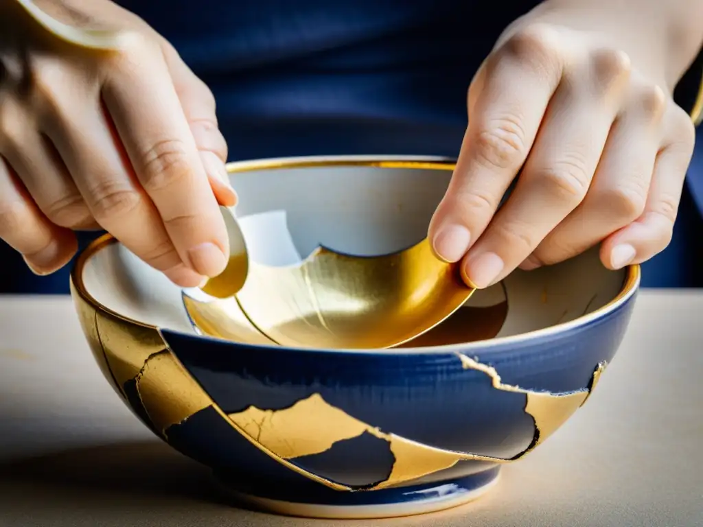 Un maestro artesano aplica con destreza el oro lacado para sanar heridas emocionales con Kintsugi, resaltando la belleza de lo imperfecto