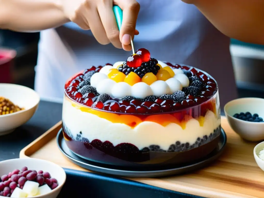 Un maestro artesano prepara con esmero un patbingsu coreano en un bullicioso mercado callejero de Seúl