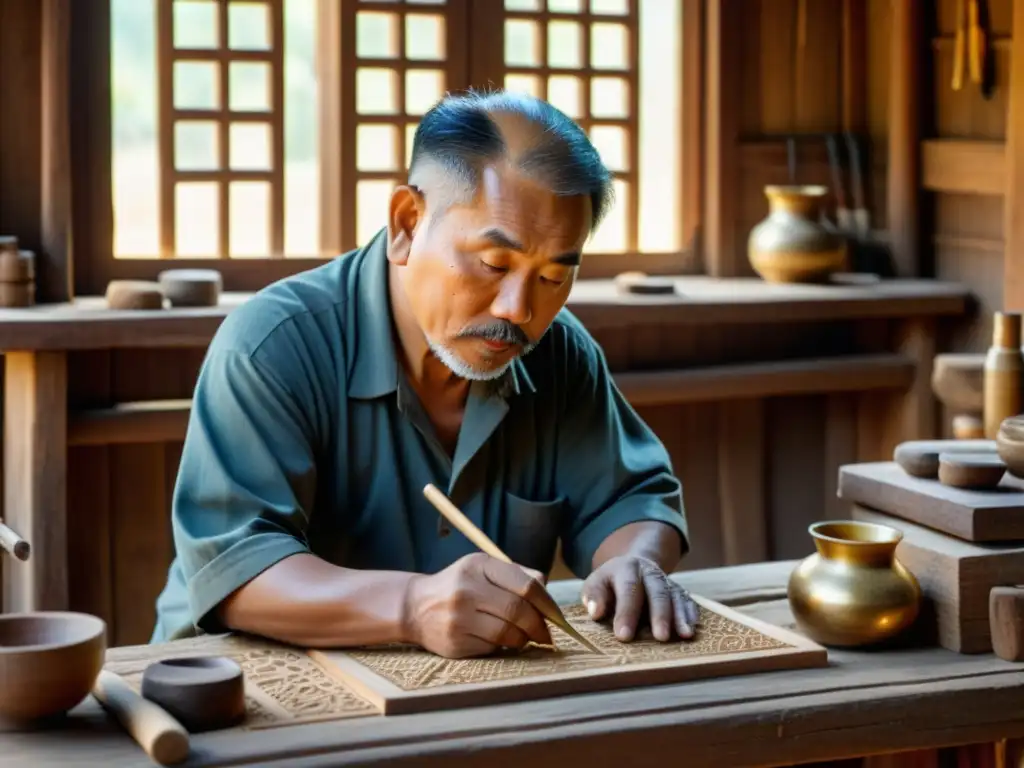 Un maestro artesano talla con esmero en un taller aldeano asiático, rodeado de herramientas tradicionales, bañado por la suave luz del atardecer