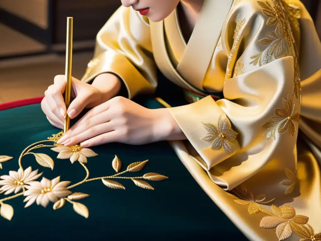 Un maestro artesano borda con hilo de oro un kimono japonés, destacando el diseño de moda de lujo asiático