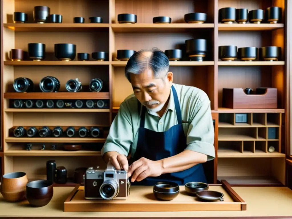 Un maestro artesano japonés elabora con esmero una cámara de gran formato con herramientas de carpintería tradicionales, rodeado de piezas antiguas