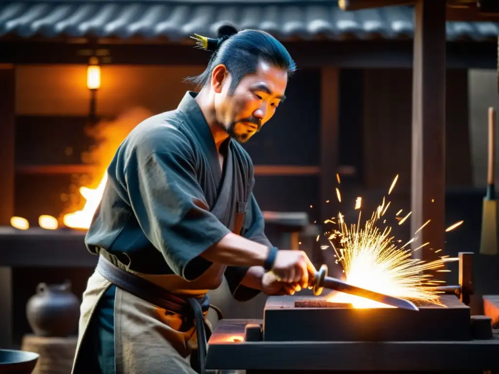 Maestro artesano japonés forja una katana en un ambiente lleno de tradición y maestría en Sakai, Japón